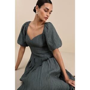 Lulus Heavenly Energy Dark Slate Textured Puff Sleeve Midi Dress Blue - Size L